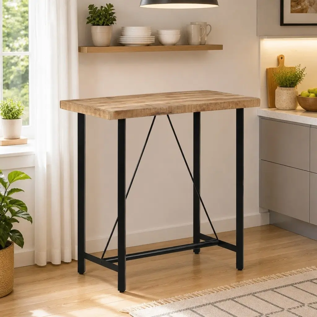 Bar Table Solid Mango Wood Top Iron Frame 110x55x107cm Brown Kitchen Dining