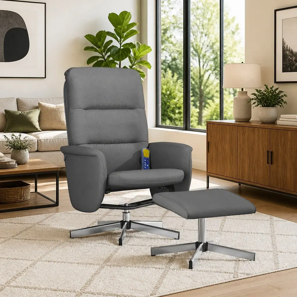 Massage Recliner Chair Fabric Grey Manual Reclining 360 Swivel with Footstool