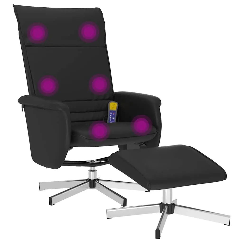 Massage Recliner Chair Faux Leather Black with Footstool 360 Degree Swivel Manual Reclining 105 to 125 Degrees Plywood and Metal Frame