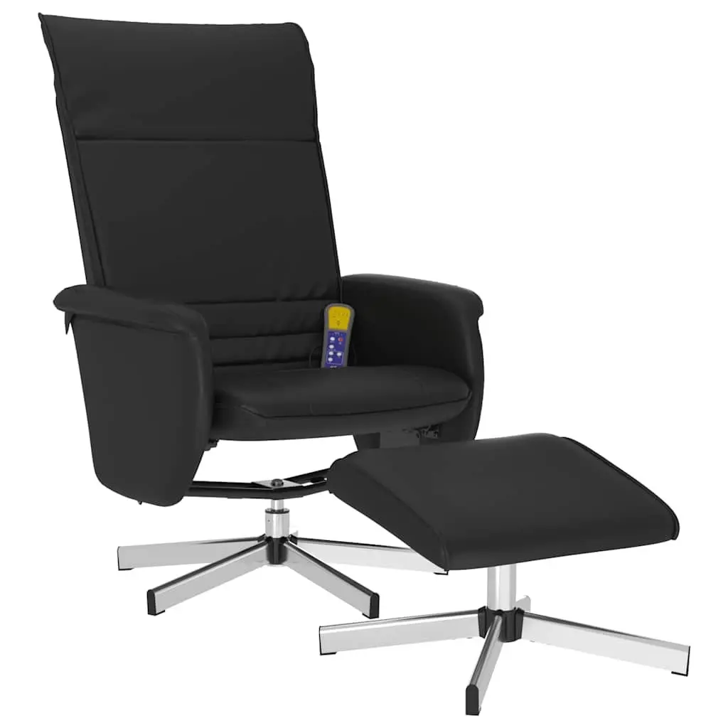 Massage Recliner Chair Faux Leather Black with Footstool 360 Degree Swivel Manual Reclining 105 to 125 Degrees Plywood and Metal Frame