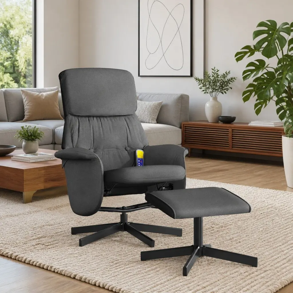 Recliner Chair Dark Grey Fabric 6 Point Vibration with Footstool and Swivel Function