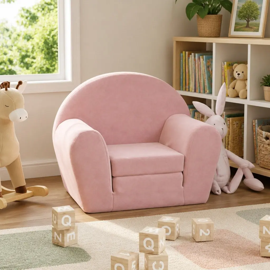 Kids Pink Soft Plush 2-in-1 Folding Armchair Sofa Bed for Toddlers