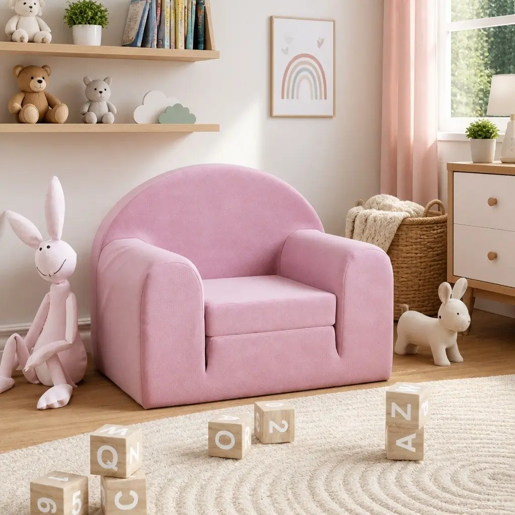 Kids Sofa Bed Convertible Plush Soft Mini Bed Pink 2-in-1 Folding Armchair