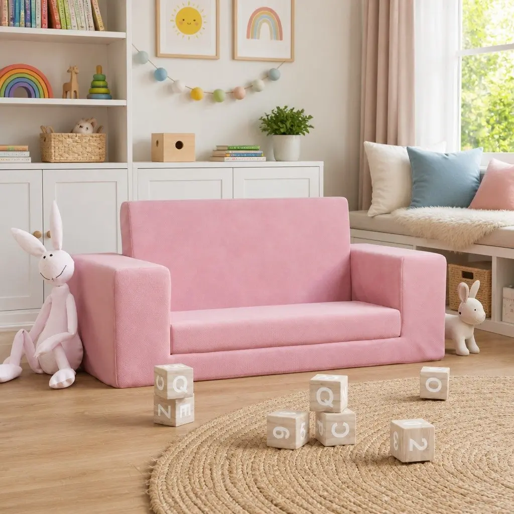 Kids' Sofa Bed Plush 2-Seater Pink Soft Folding Armchair