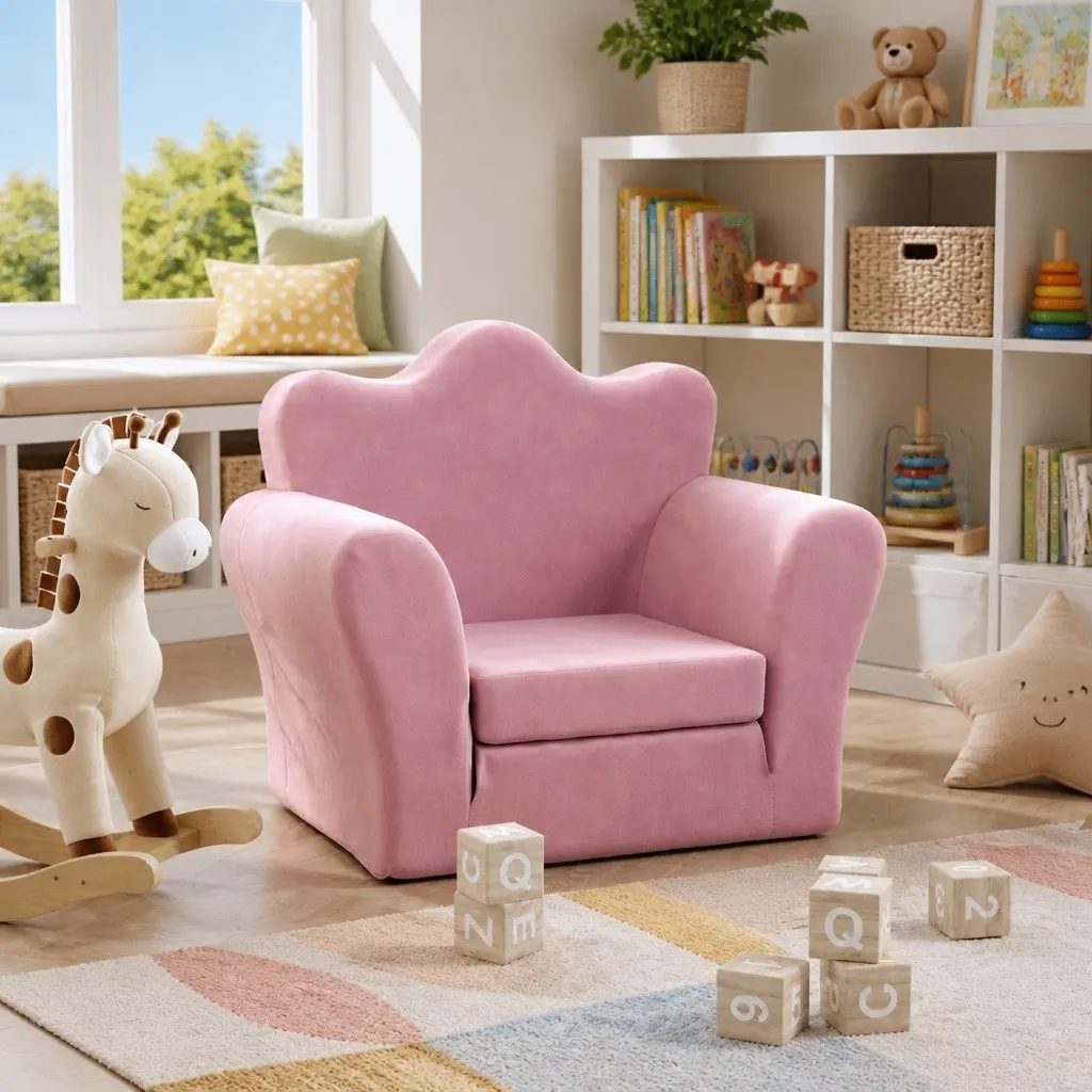 Kids Folding Sofa Bed Plush Pink 2-in-1 Soft Armchair Toddler Furniture for Play and Nap