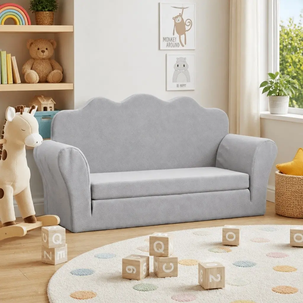 Kids Sofa Bed Fold Out Armchair 2-Seater Soft Plush Light Grey