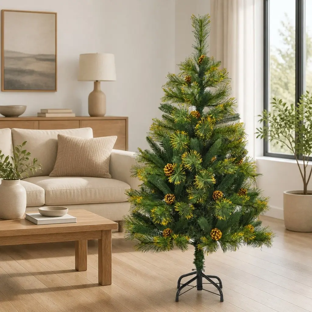 Artificial Hinged Christmas Tree 120cm Green with Cones Pine Needles Holiday