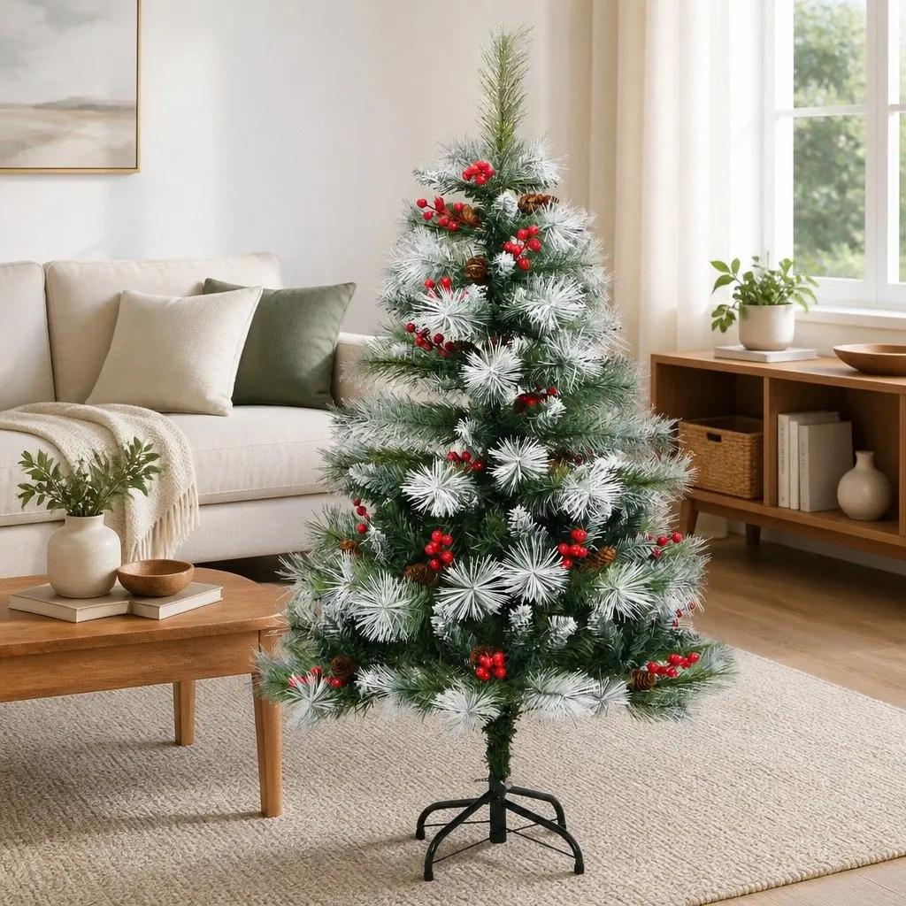 Artificial Christmas Tree 120cm White Hinged with Pine Needles Cones Berries