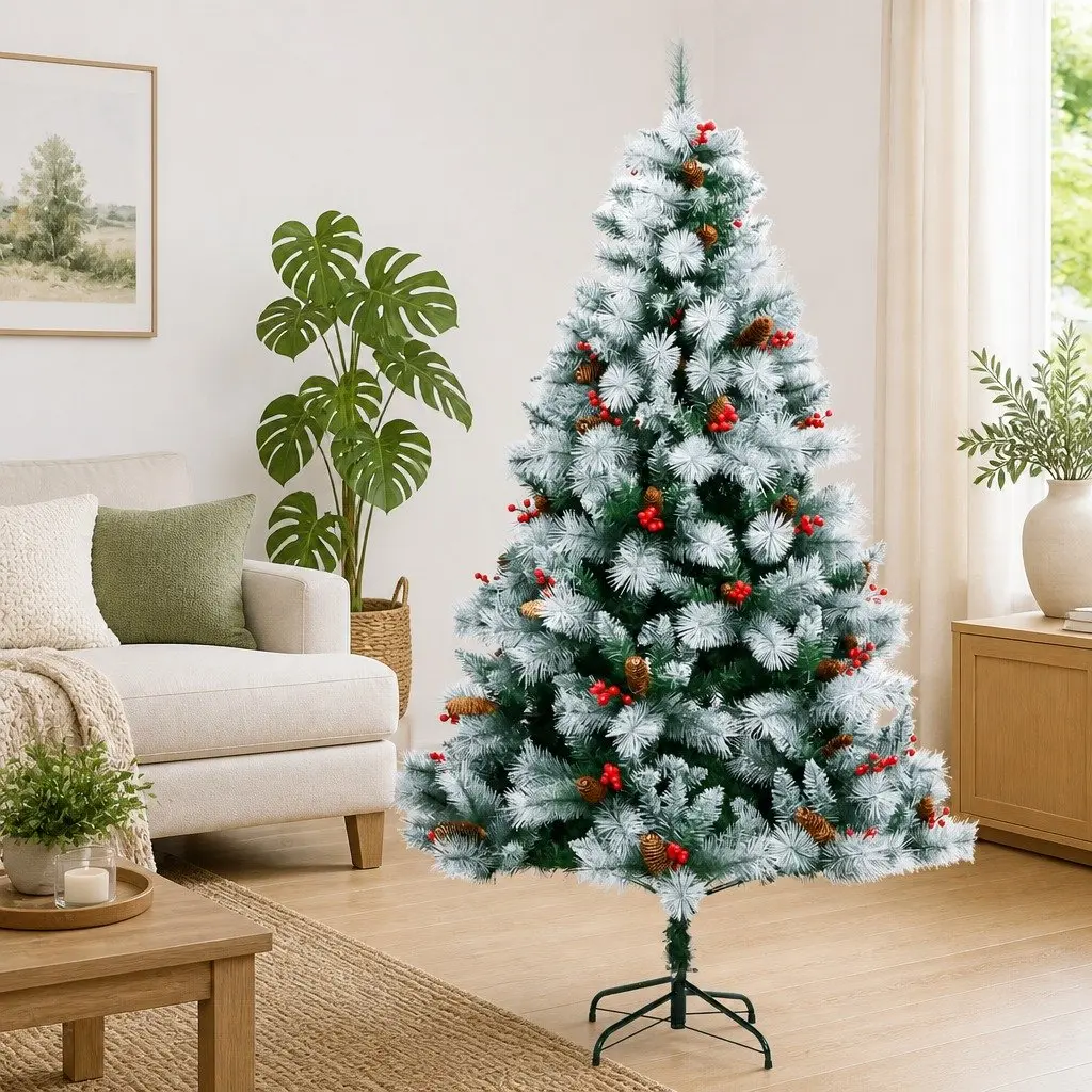 Hinged Christmas Tree 180cm White Artificial with Berries and Cones for Holiday Decoration