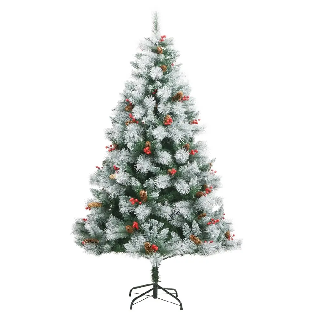 Hinged Christmas Tree 180cm White Artificial with Berries and Cones for Holiday Decoration