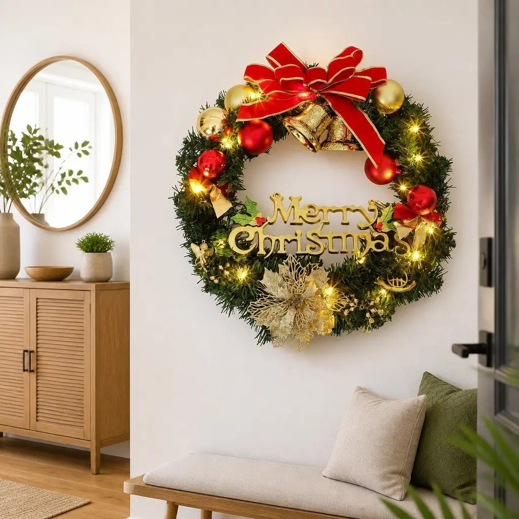 LED Christmas Wreath Green 60cm PVC Decoration with Ornaments for Holiday Home Decor