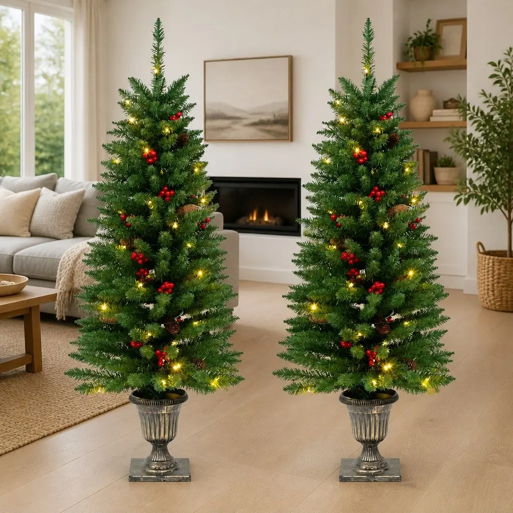 Artificial Christmas Trees Green 120cm 2pcs LED Lighted Decoration Pot