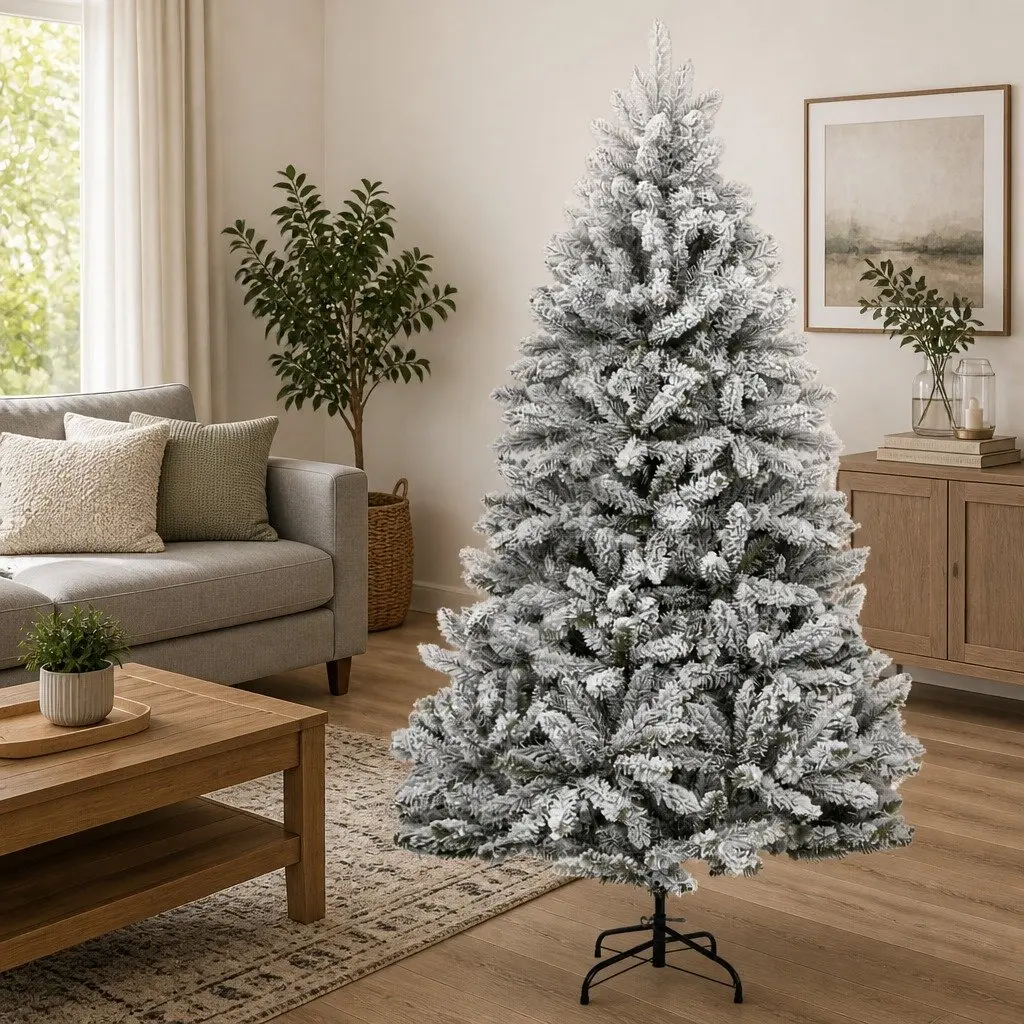 Artificial Christmas Tree Hinged PVC 210cm White Flocked Snow