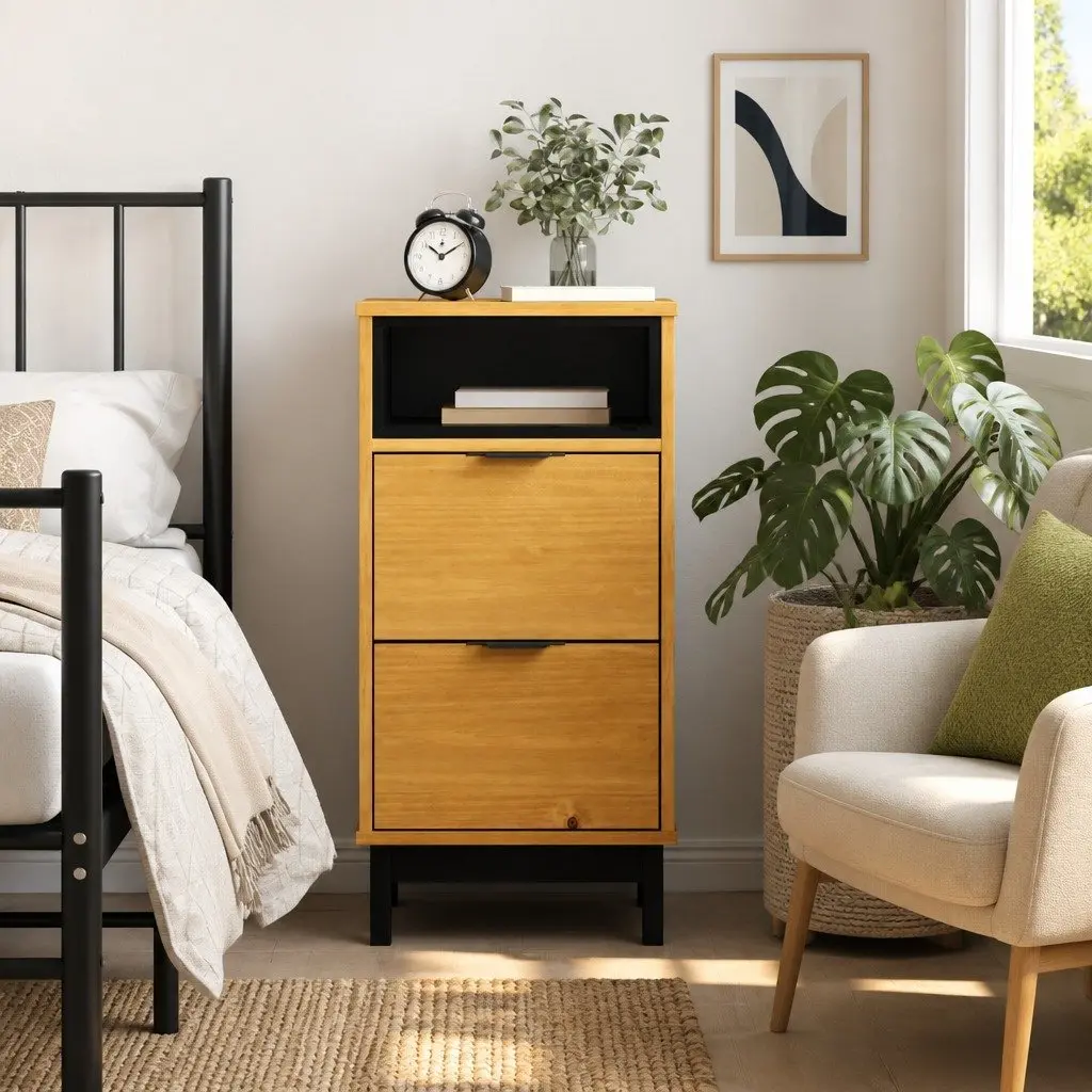 Solid Pine Wood Nightstand Brown Bedside Cabinet with 2 Drawers and Compartment