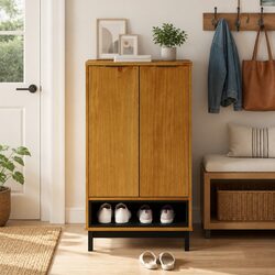 Shoe Cabinet 5 Shelves 2 Doors Brown Solid Pine Wood Storage Organiser Wardrobe