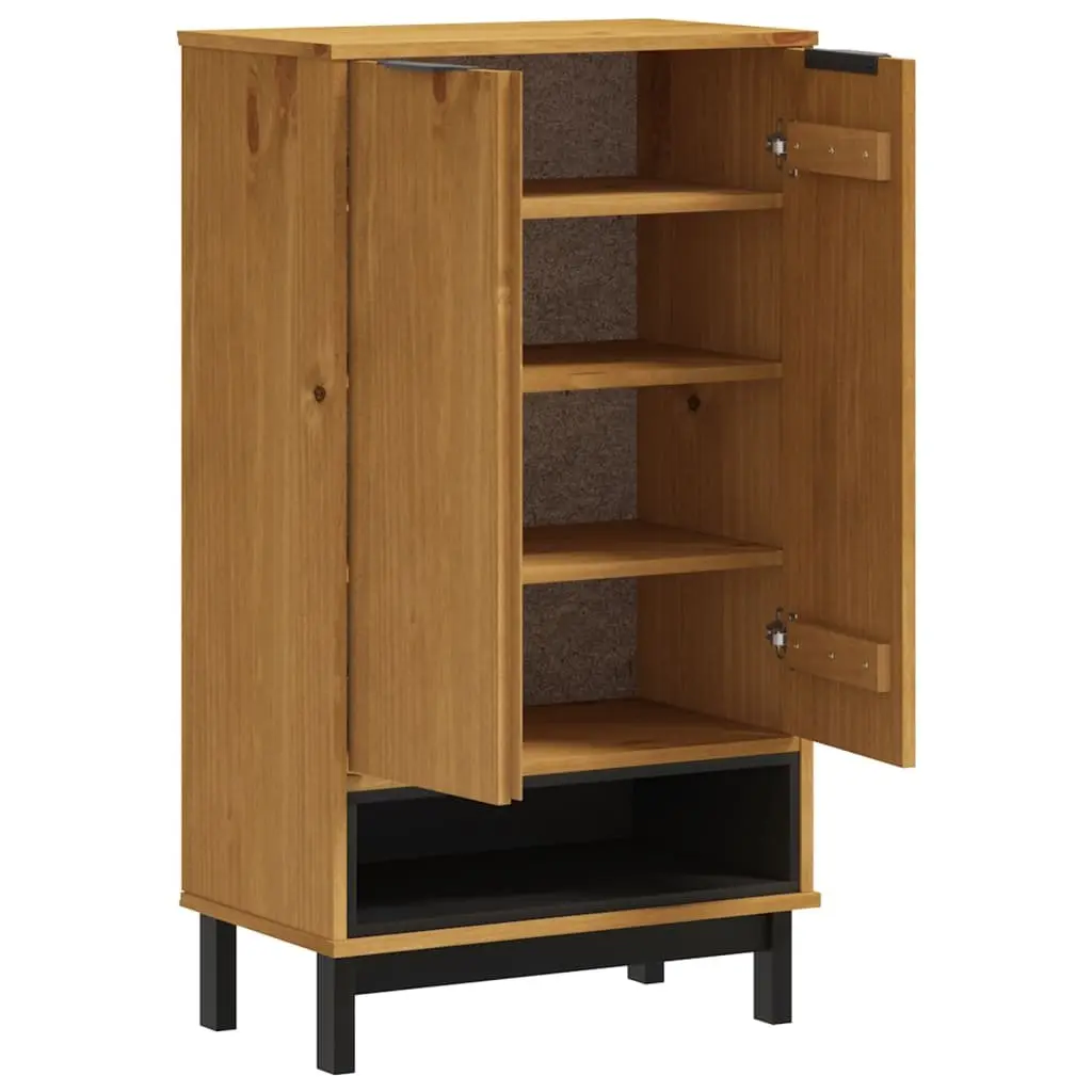 Shoe Storage Cabinet Solid Pine Wood Brown 5 Shelves 2 Doors Organiser
