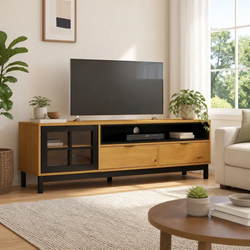 TV Cabinet Solid Pine Wood 158x40x50cm Brown Glass Door Media Unit Storage