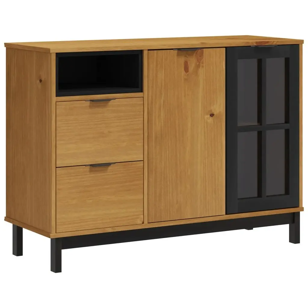Solid Pine Wood Sideboard with Glass Door Brown Storage Cabinet 110x40x80cm