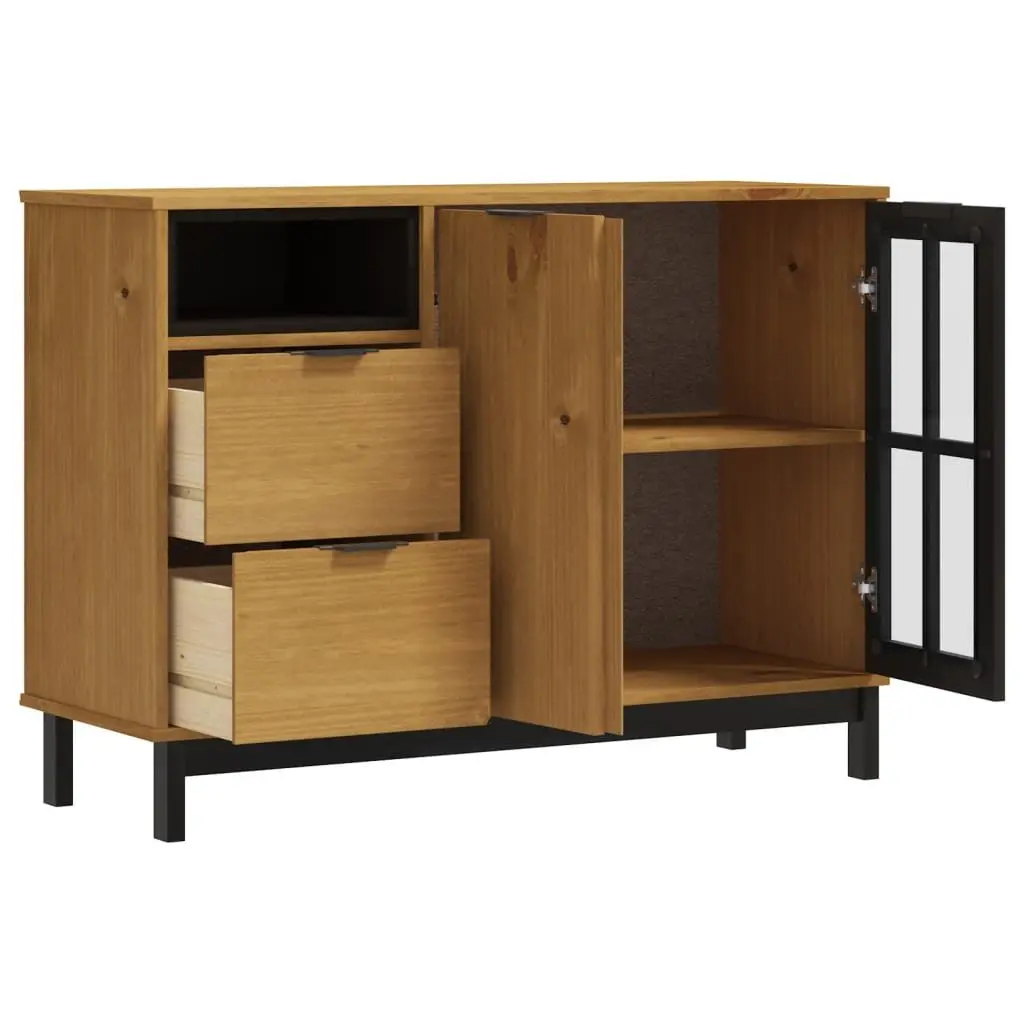 Solid Pine Wood Sideboard with Glass Door Brown Storage Cabinet 110x40x80cm