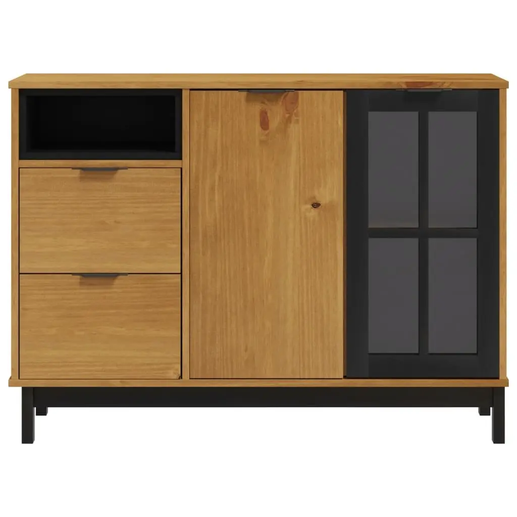 Solid Pine Wood Sideboard with Glass Door Brown Storage Cabinet 110x40x80cm