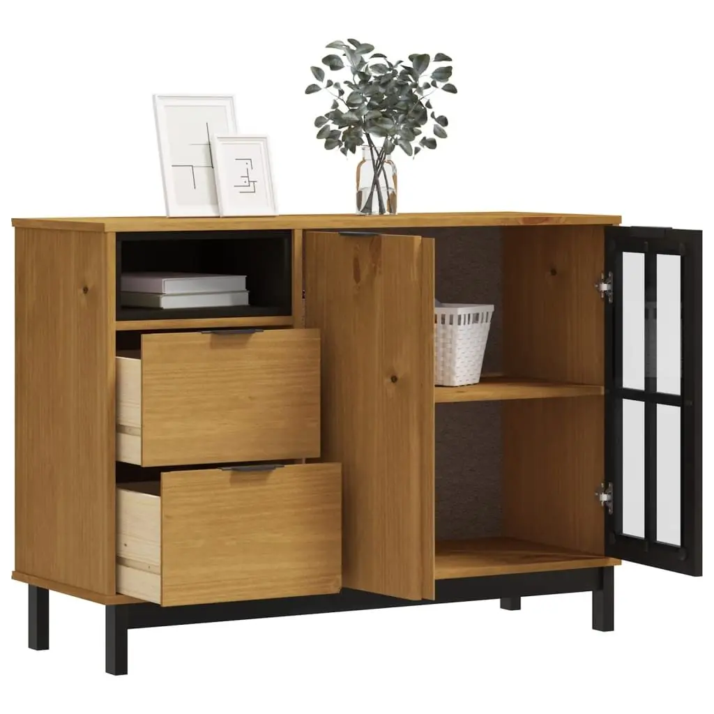 Solid Pine Wood Sideboard with Glass Door Brown Storage Cabinet 110x40x80cm