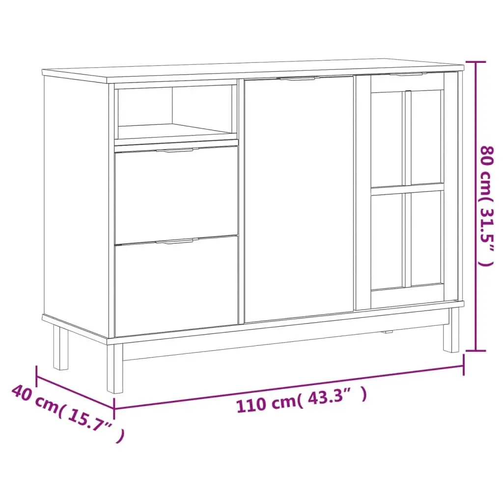 Solid Pine Wood Sideboard with Glass Door Brown Storage Cabinet 110x40x80cm