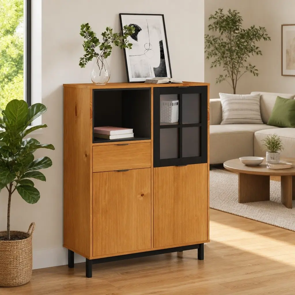 Highboard Storage Cabinet Engineered Wood 92cm W x 40cm D x 122.5cm H Brown