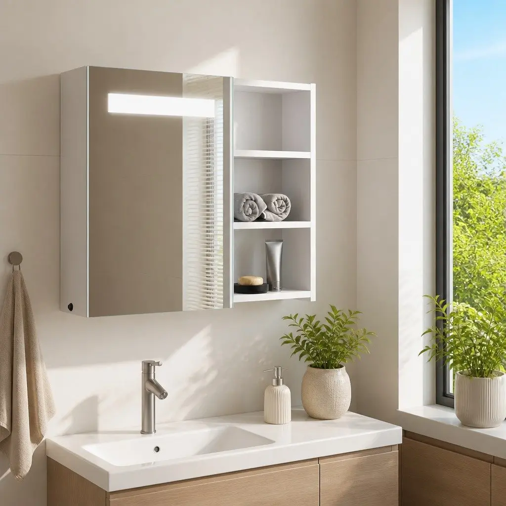 Bathroom Mirror Cabinet Engineered Wood Wall-Mounted 60x13x52cm White with LED Light