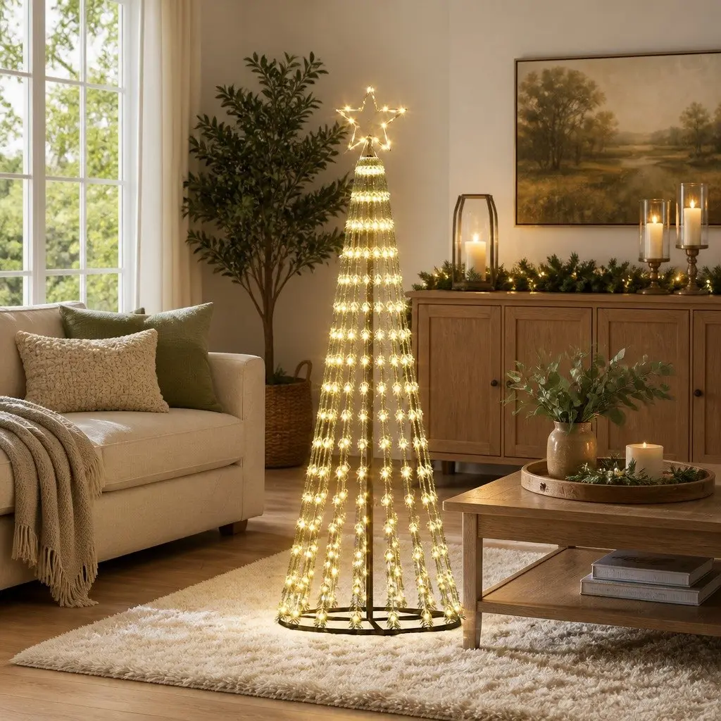 LED Christmas Tree Pre Lit 180cm Warm White 275 LEDs Seasonal Decoration with 8 Lighting Effects and Iron Base for Home Festive Atmosphere