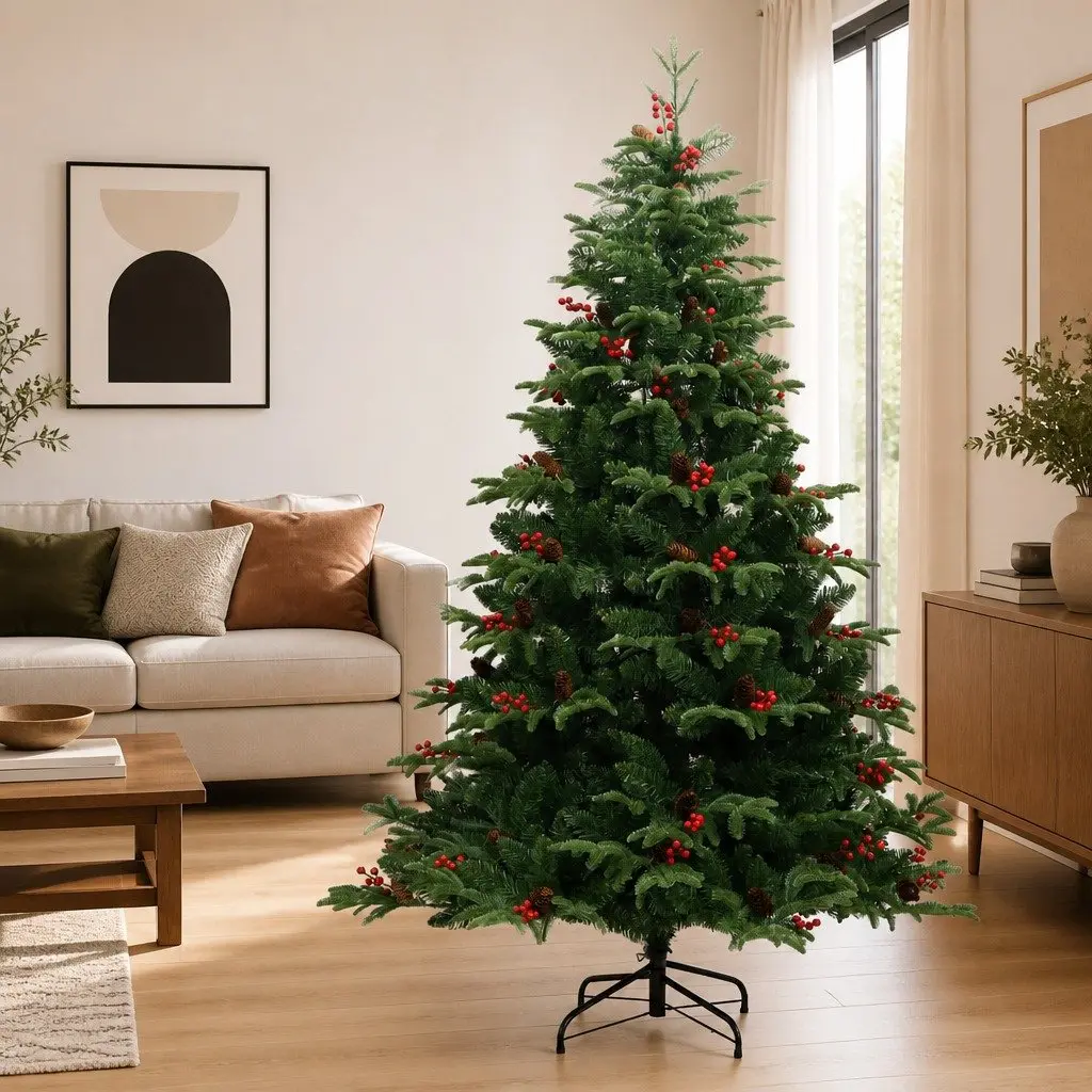 Artificial Christmas Tree Hinged 180cm Green PE Tips with Cones and Berries