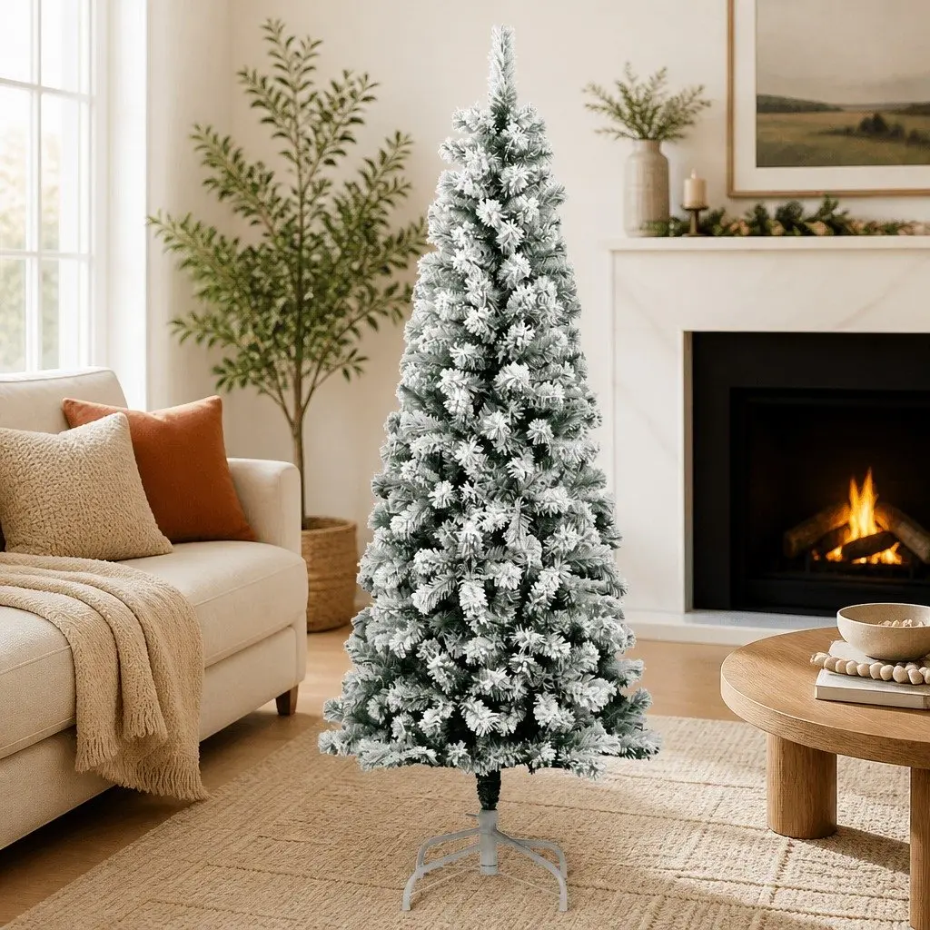 Artificial Christmas Tree Flocked White 180cm Hinged Construction Easy Assembly Holiday Decoration