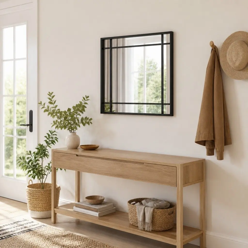 Square Wall Mirror Black 40x40 cm Iron Frame Minimalist Home Decor Hanging