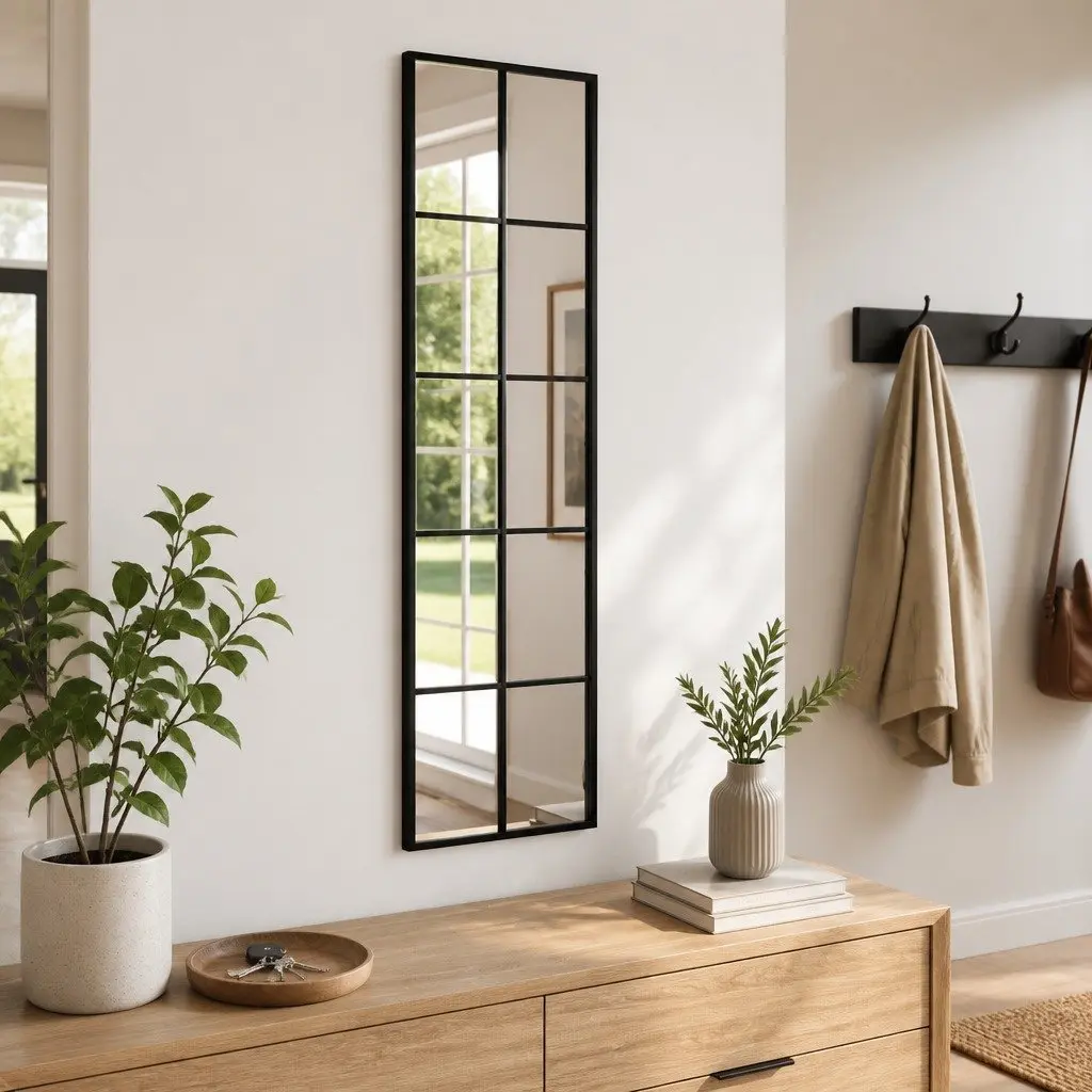 Wall Mirror Glass Iron Black 30x100 cm Vertical Horizontal Mount Home Decor