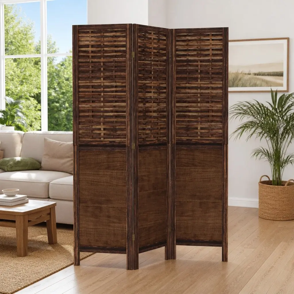 3 Panel Room Divider Privacy Screen Indoor Partition Dark Brown Wood Frame Folding Bamboo Strips