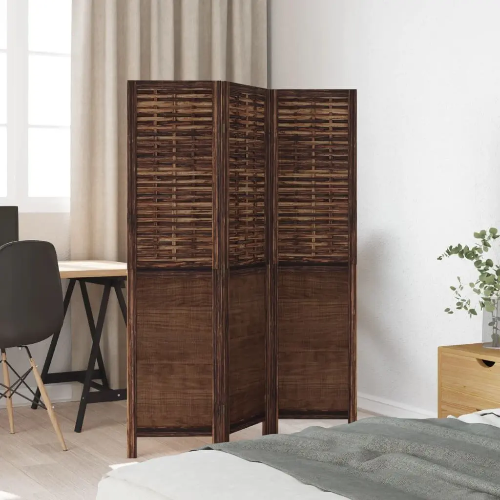 3 Panel Room Divider Privacy Screen Indoor Partition Dark Brown Wood Frame Folding Bamboo Strips