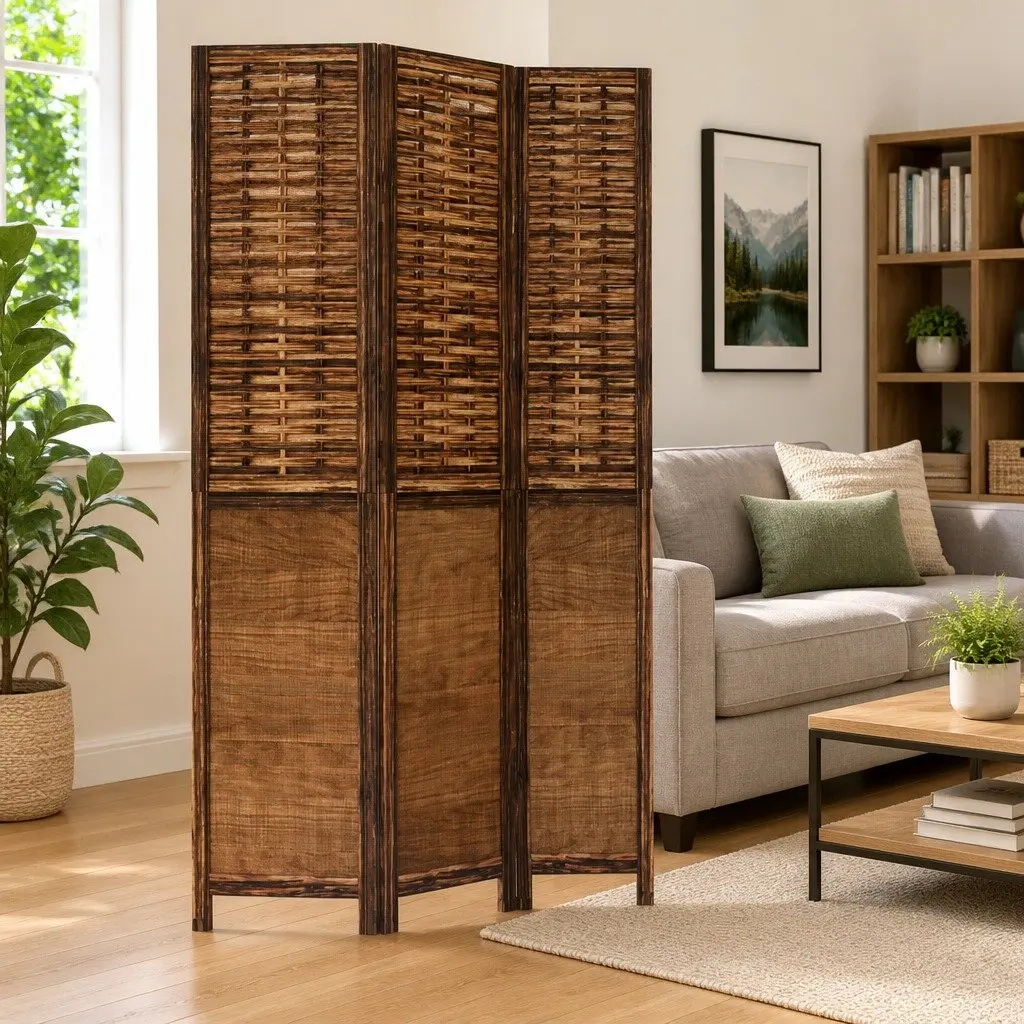 3-Panel Dark Brown Room Divider for Home