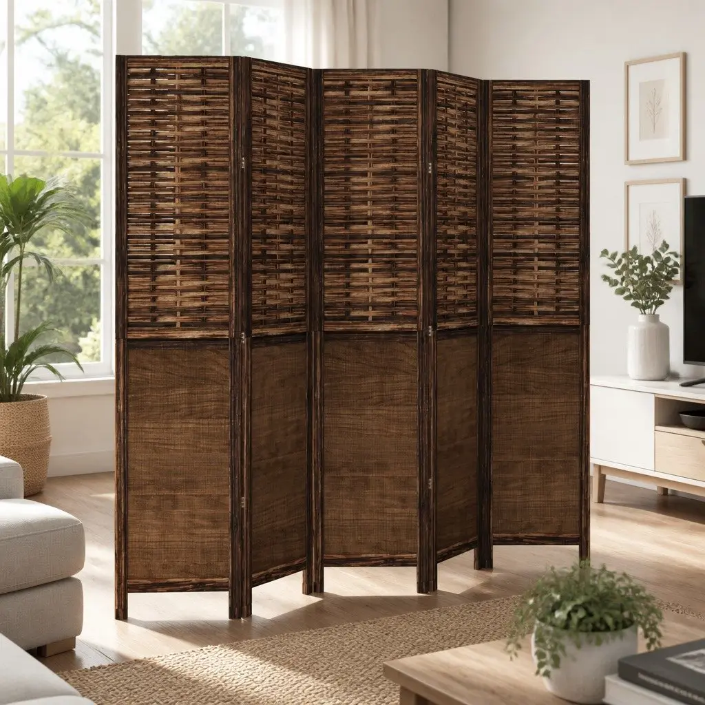 5 Panel Folding Privacy Screen Indoor Brown Paulownia Wood Room Divider with Bamboo Strips