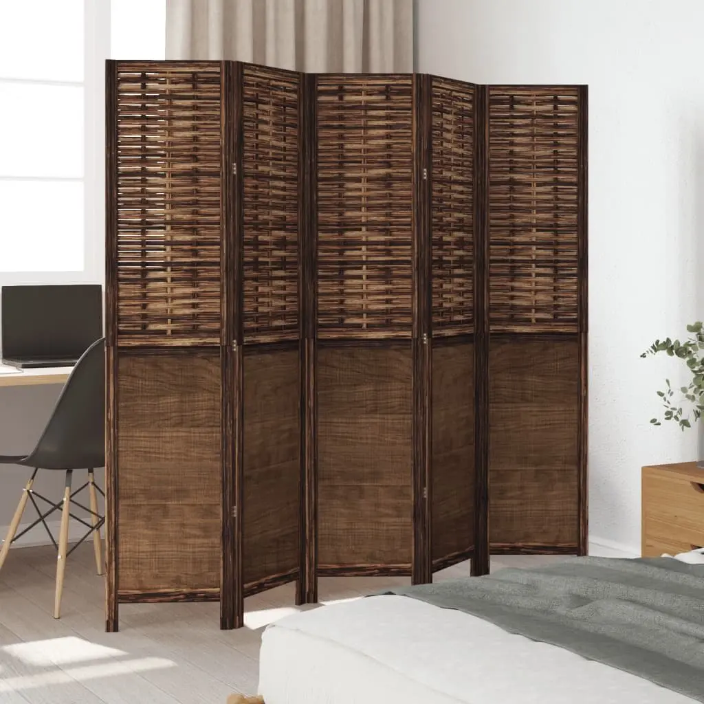 5 Panel Folding Privacy Screen Indoor Brown Paulownia Wood Room Divider with Bamboo Strips