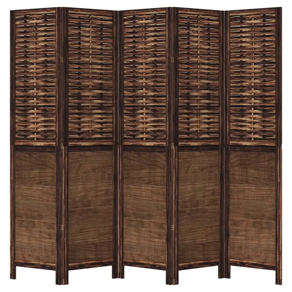 5 Panel Folding Privacy Screen Indoor Brown Paulownia Wood Room Divider with Bamboo Strips