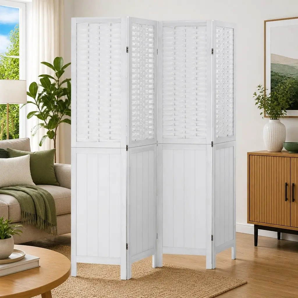 Room Divider 4 Panels Solid Paulownia Wood White Folding Screen Privacy Partition Indoor Decor