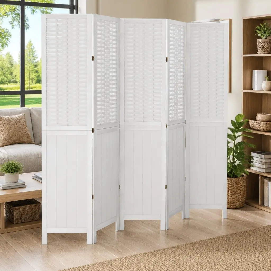 Room Divider Bamboo and Wood 5 Panels White Folding Privacy Screen Partition Indoor Decorative