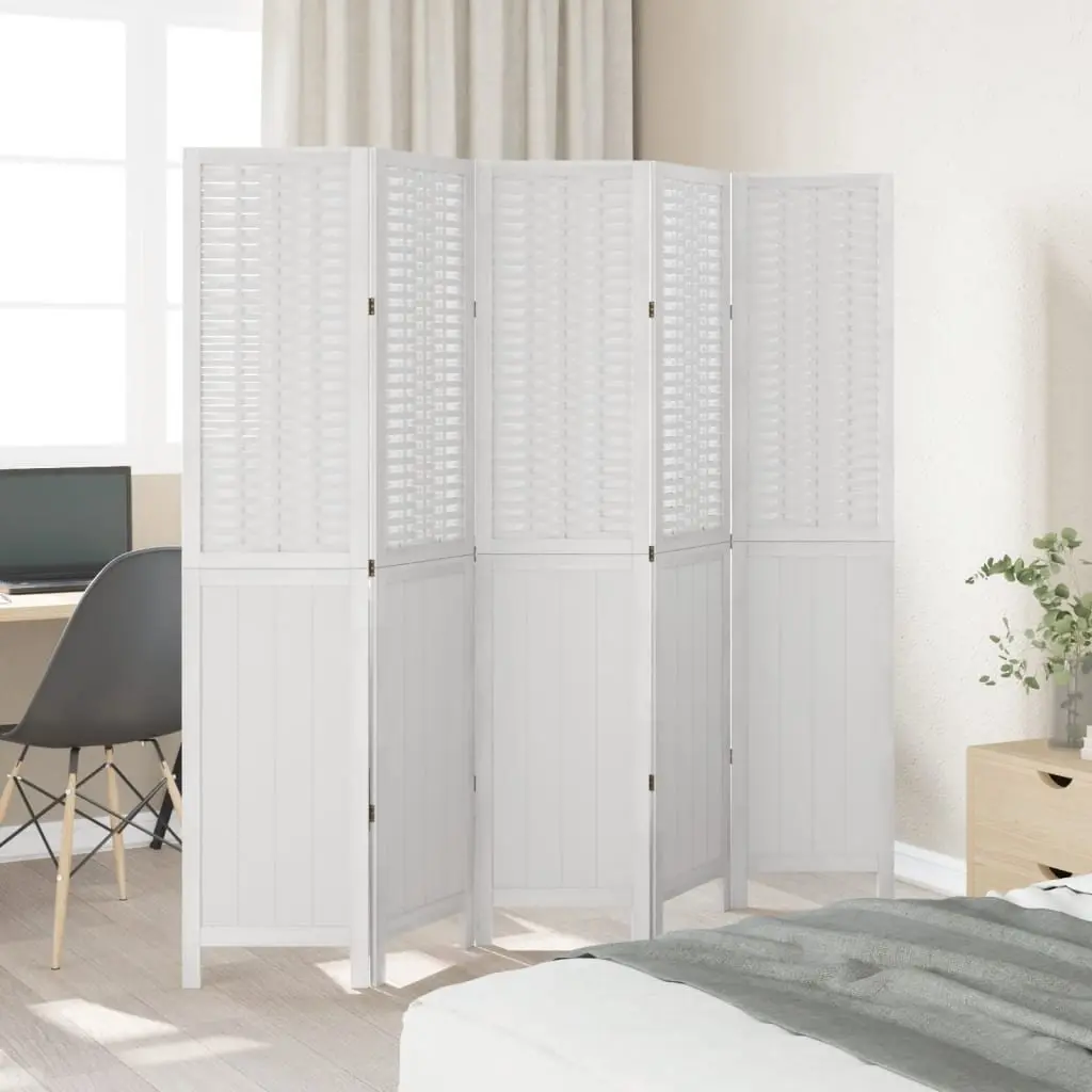 Room Divider Bamboo and Wood 5 Panels White Folding Privacy Screen Partition Indoor Decorative