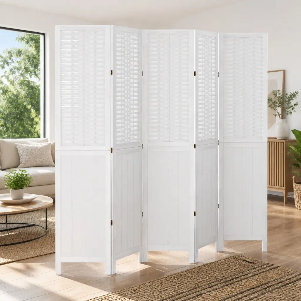 Room Divider Folding Privacy Screen 5 Panels White Bamboo and Engineered Wood