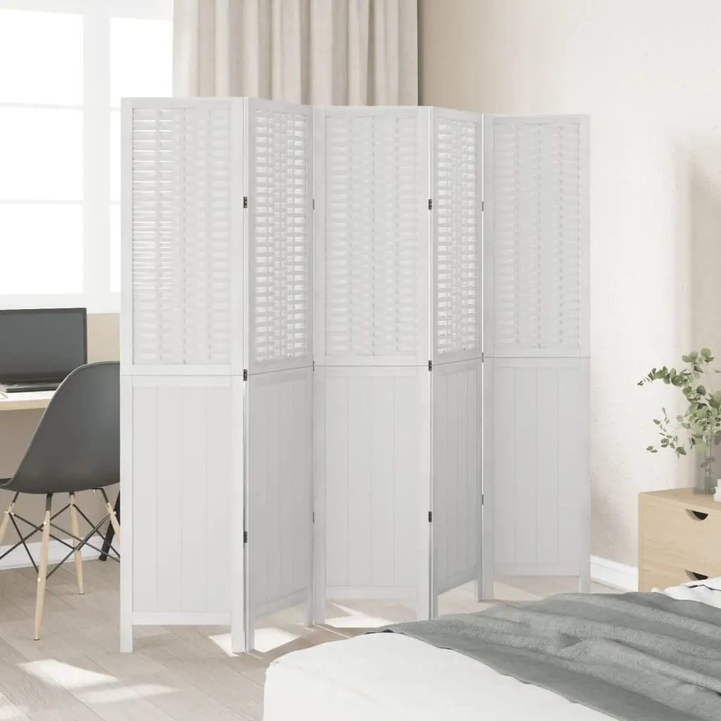 Room Divider Folding Privacy Screen 5 Panels White Bamboo and Engineered Wood