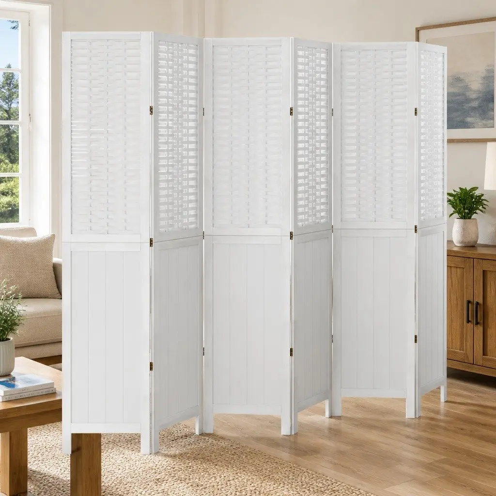 Room Divider Folding 6 Panels White Bamboo and Engineered Wood