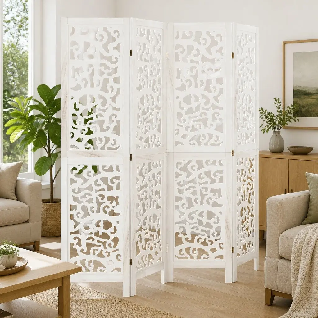 Room Divider Wood Frame 4 Panels White Folding Privacy Screen Indoor Partition