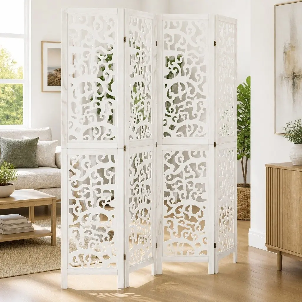 Room Divider Folding Paulownia Wood 4 Panel White Screen Privacy Partition