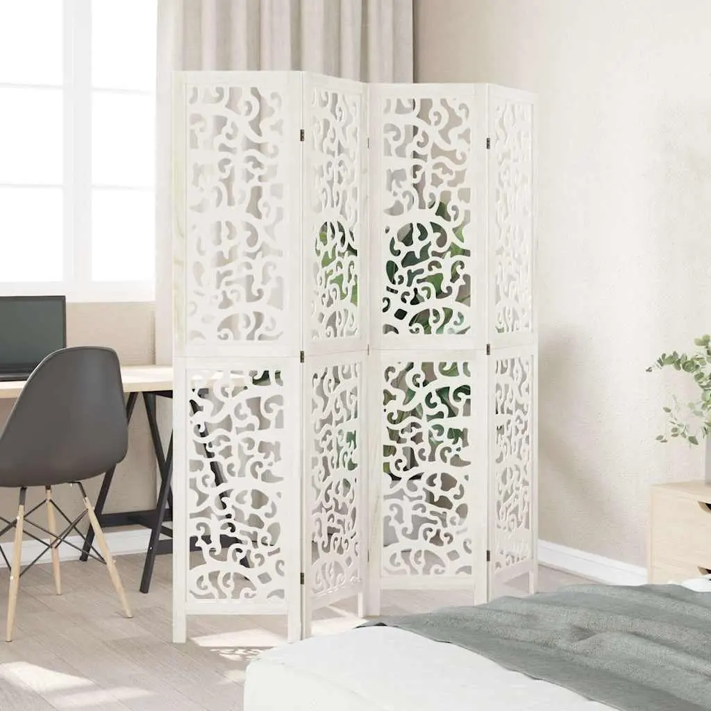 Room Divider Folding Paulownia Wood 4 Panel White Screen Privacy Partition