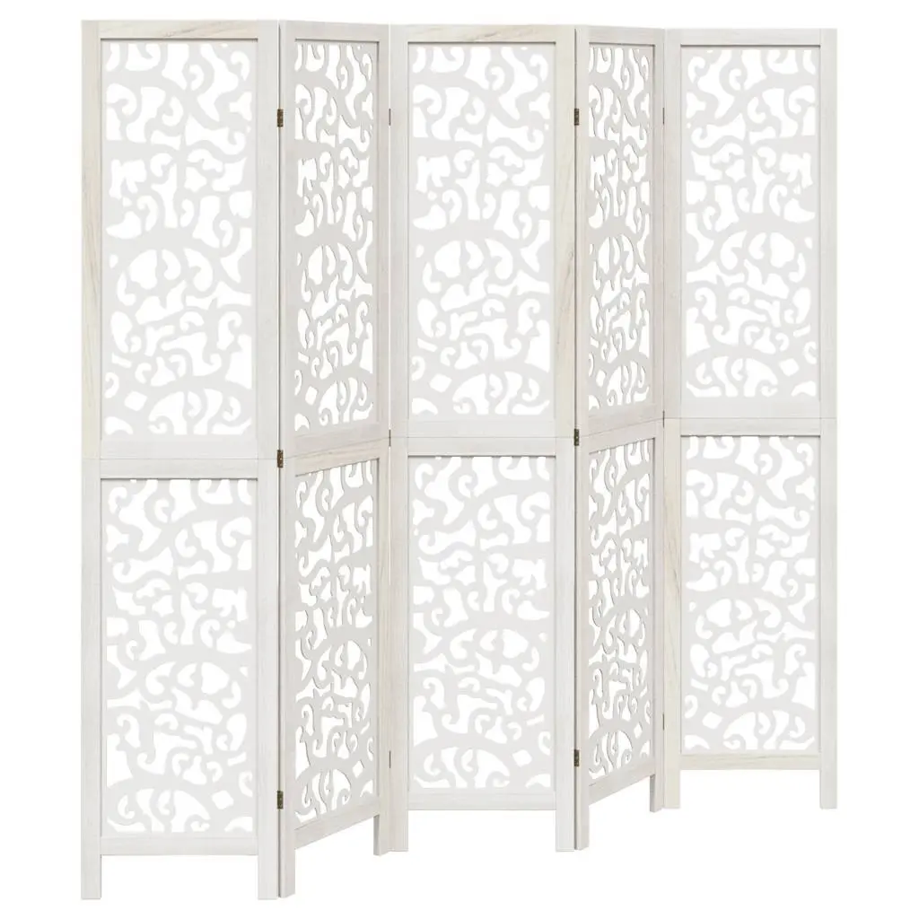 Room Divider 5 Panels White Folding Privacy Screen Partition Engineered Wood Paulownia Wood Indoor