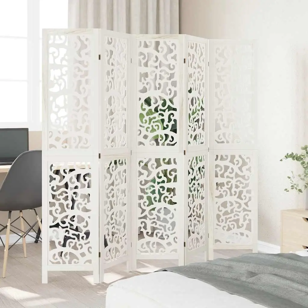 Room Divider 5 Panels White Folding Privacy Screen Partition Engineered Wood Paulownia Wood Indoor